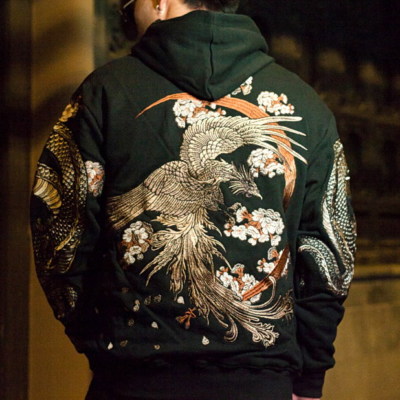 Mens Hoodie Sweatshirt Japanese Pattern Embroidery Hooded Sweater