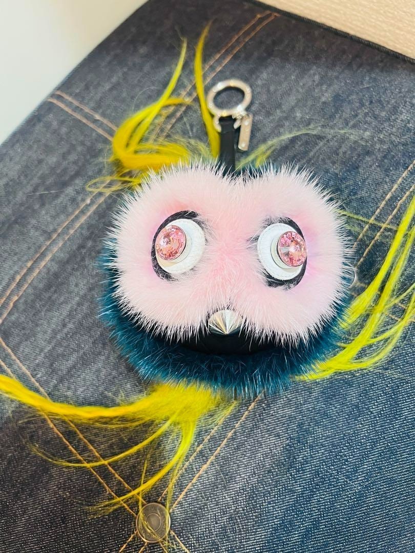 FENDI Monster Bugs Bag charm Fur Leather Green Pink Studded Key