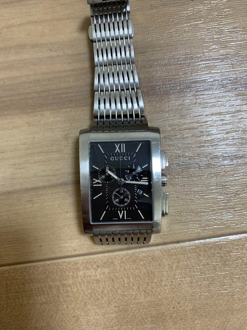 GUCCI Chronograph G Metro Dial Black 8600M Quartz Silver Band SS