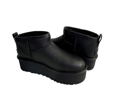 UGG CLASSIC ULTRA MINI PLATFORM LEATHER BLACK SHEARLING BOOT US 9