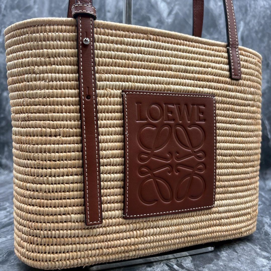 LOEWE Square Basket Mini Straw Tote Bag Leather W11×H7.8×D3.9 Inch
