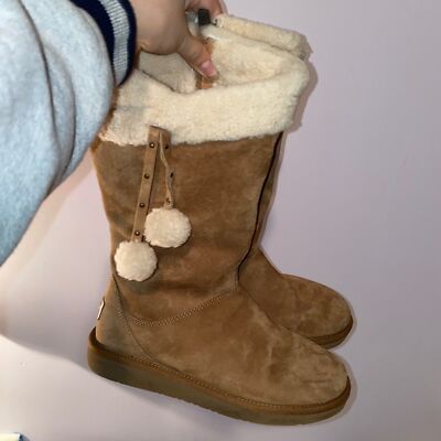 Ugg Tall brown chestnut plumdale cuff pom pom zip boot suede size