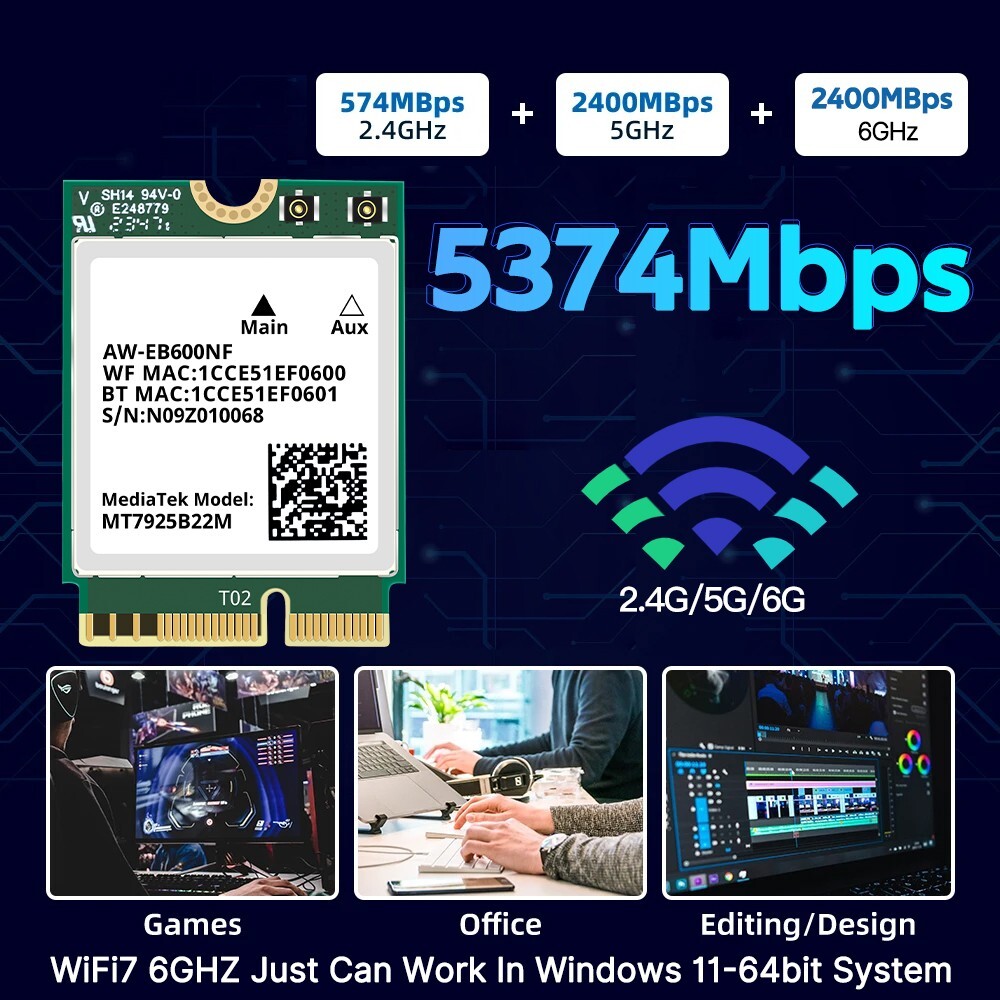 MediaTek MT7925 WiFi 7 M.2 NGFF Tri-band BT5.3 Laptop WiFi Card