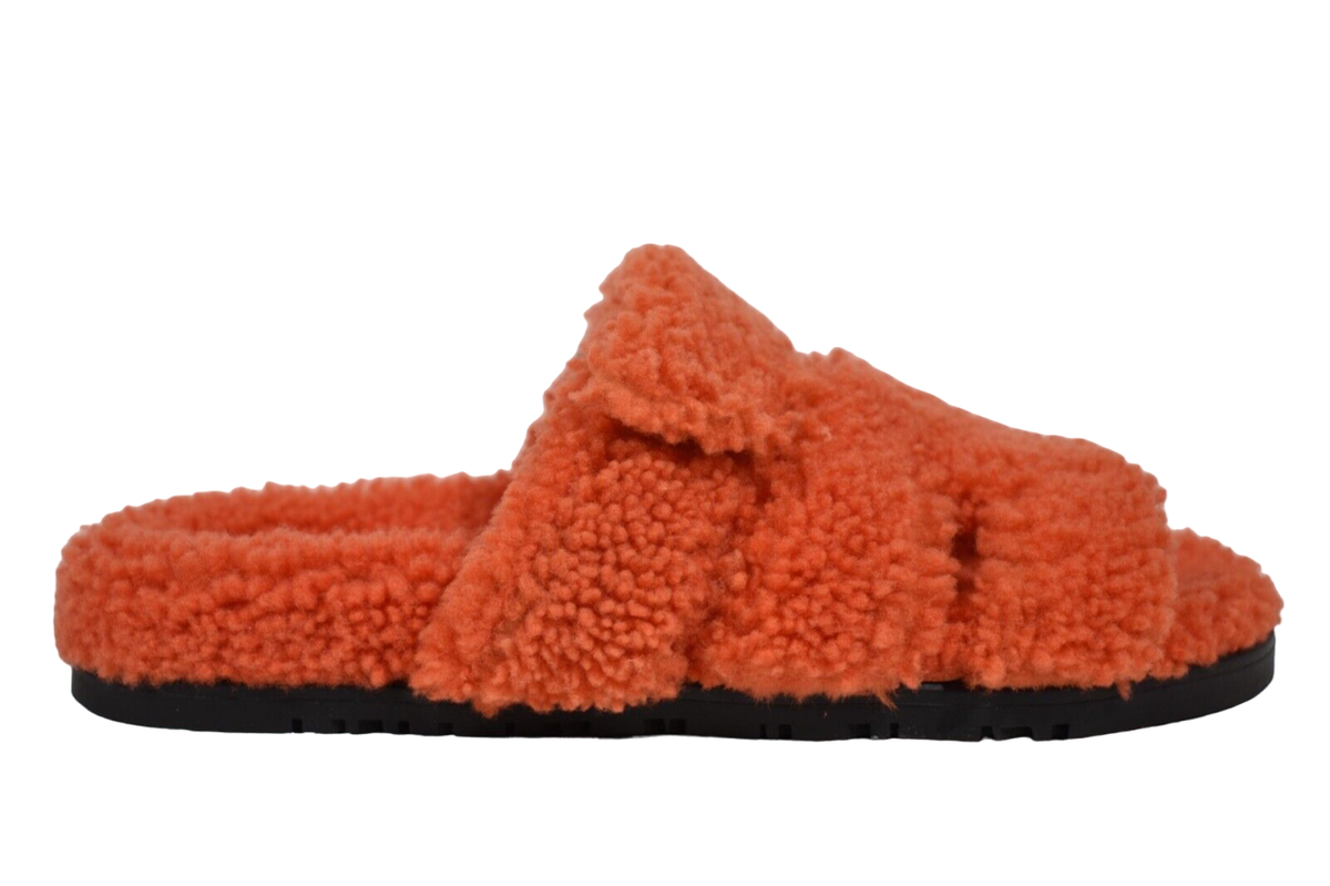 Hermes Chypre Sandal Teddy Shearling Fur Orange H Logo Slide Mule