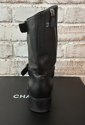 Chanel Black Leather Side Zip CC Logo Moto Boots Sz 39 US 9 100