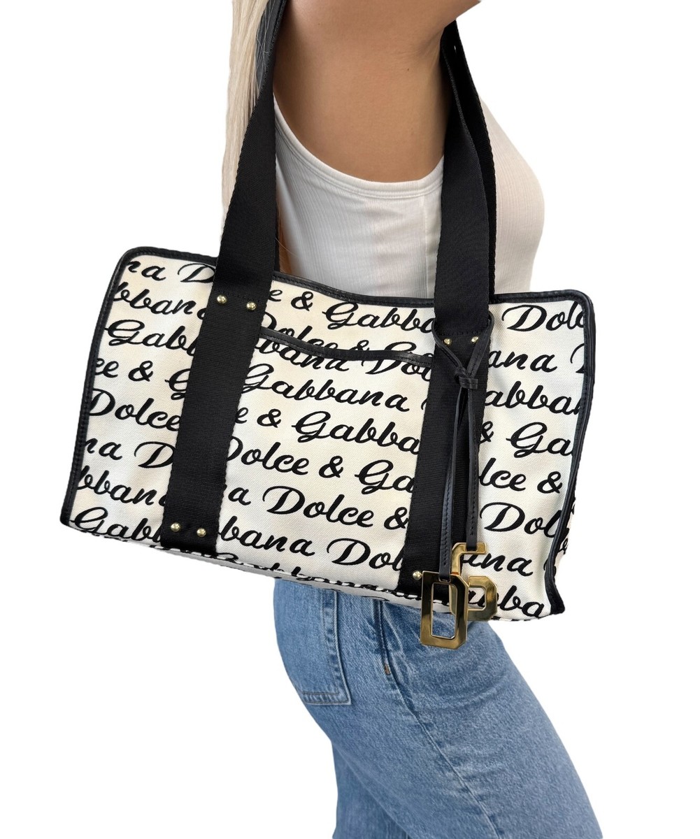 DOLCE&GABBANA Vintage D&G Logo Shoulder Bag White Black Gold
