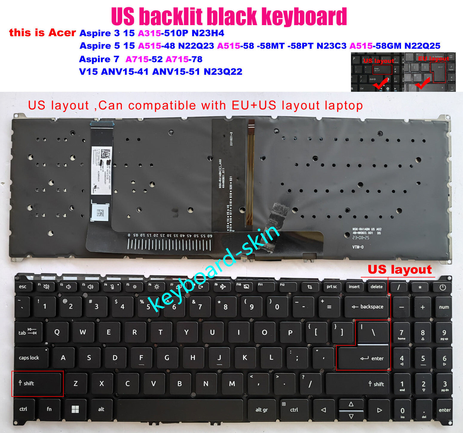 US backlit Keyboard For Acer N22Q25 N23C3 A515-58-48 A715-78 ANV15