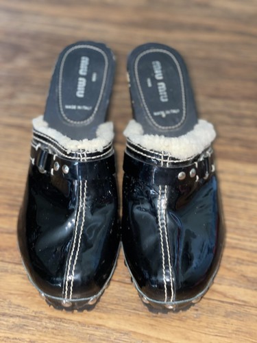 MIU MIU Black Patent Block Heel Silver Studs Buckle Clogs Mules