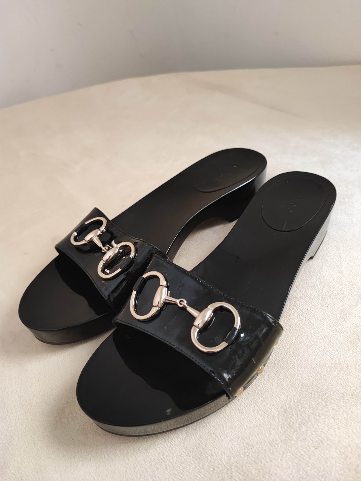 Gucci Black Patent Leather Horsebit Slide Sandals Women's Size 9