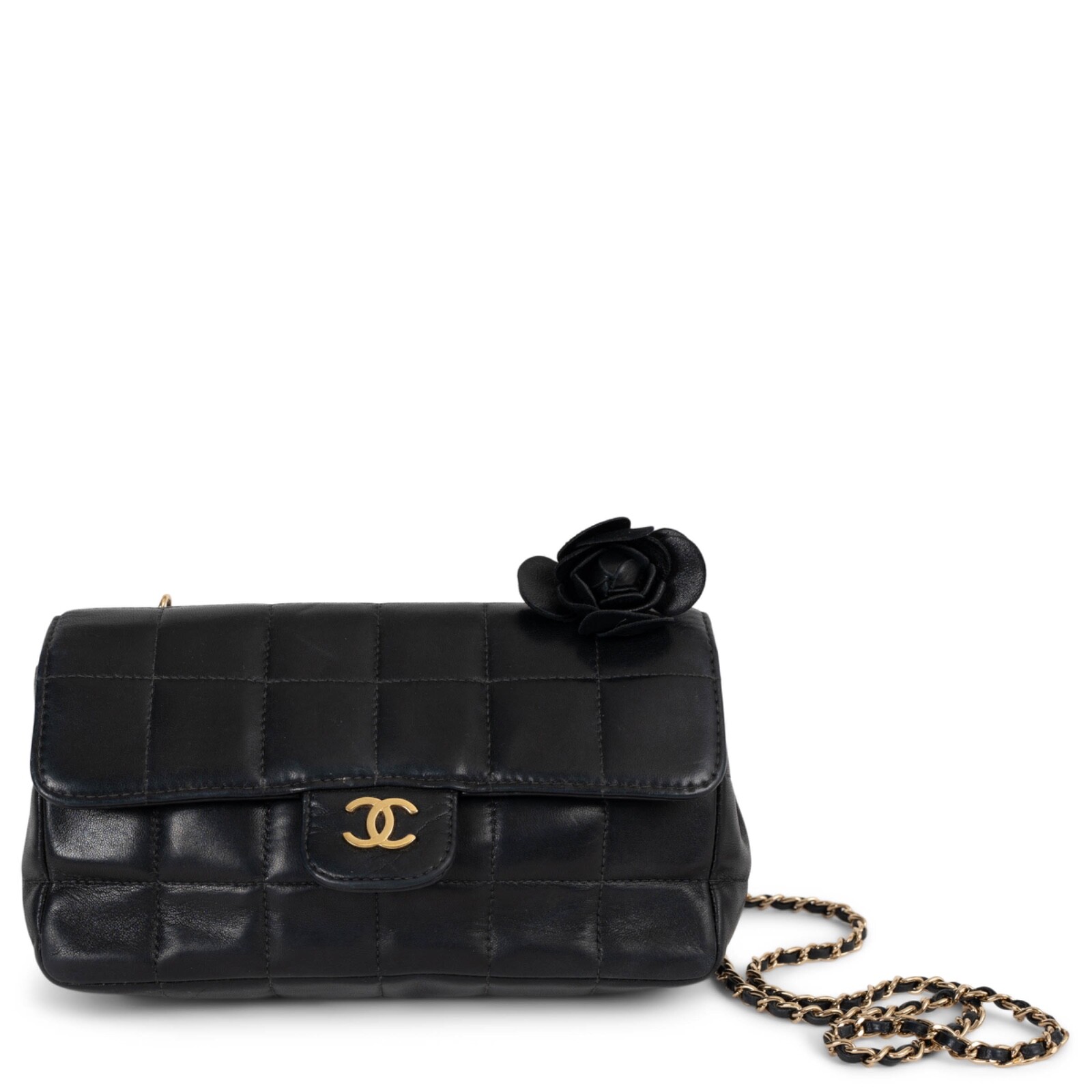 71906 auth CHANEL black leather CAMELLIA CHOCOLATE BAR MINI FLAP