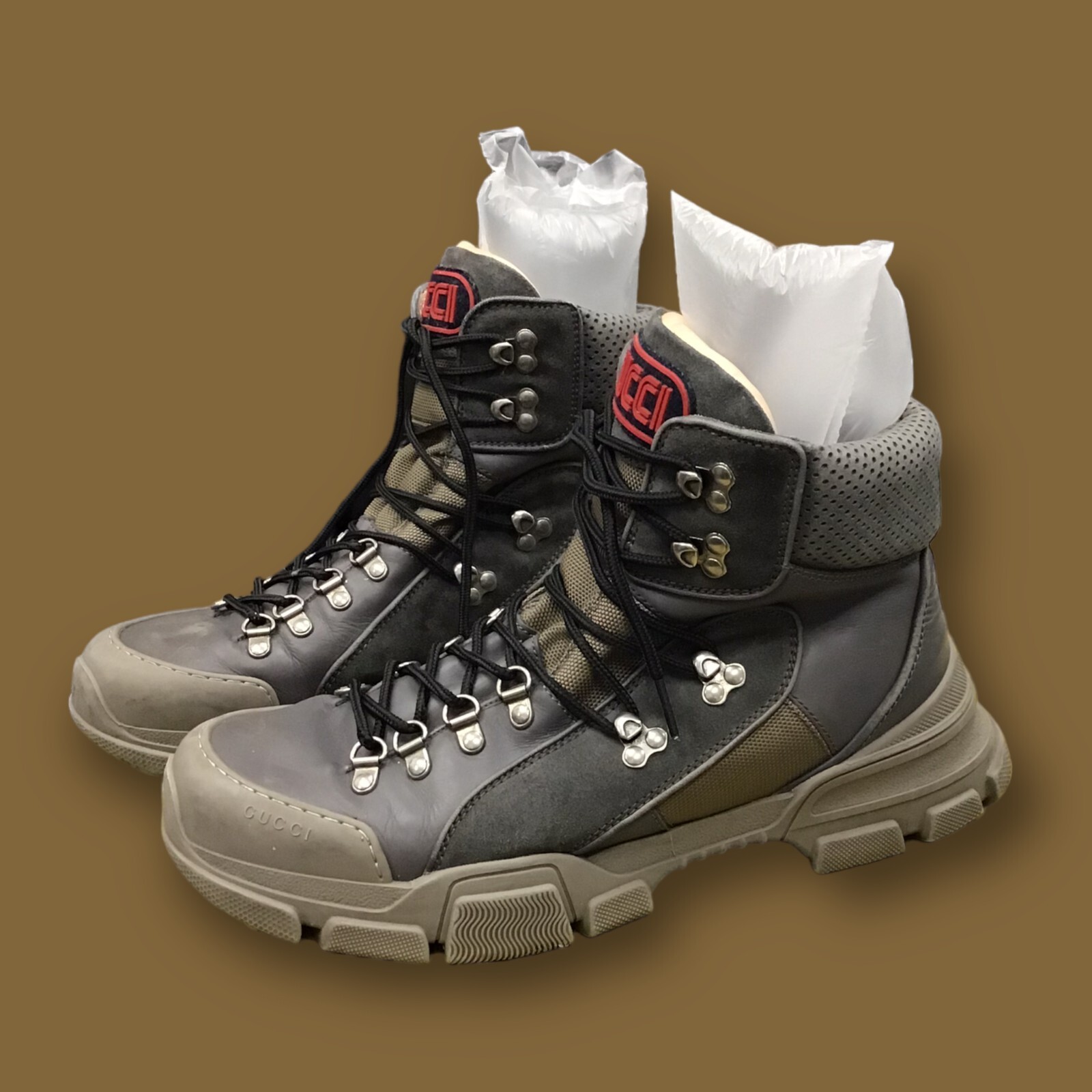 Gucci Flashtrek Men's 9.5 13D Gray Leather Hiking Boots SEGA Logo