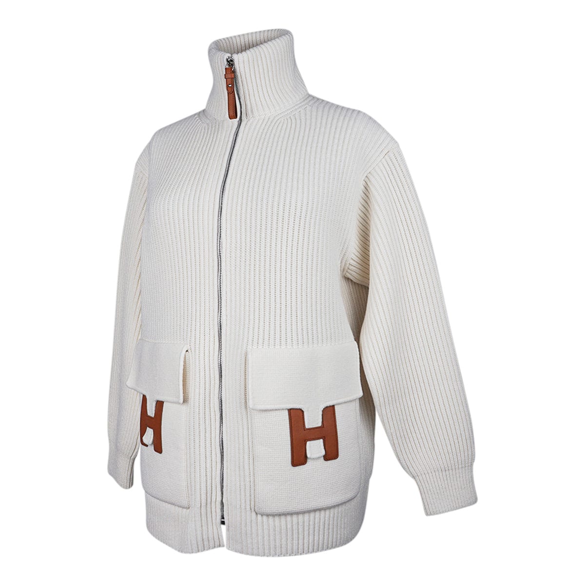 Hermes Cardigan Zip Winter White Sweater Brown Leather H 36