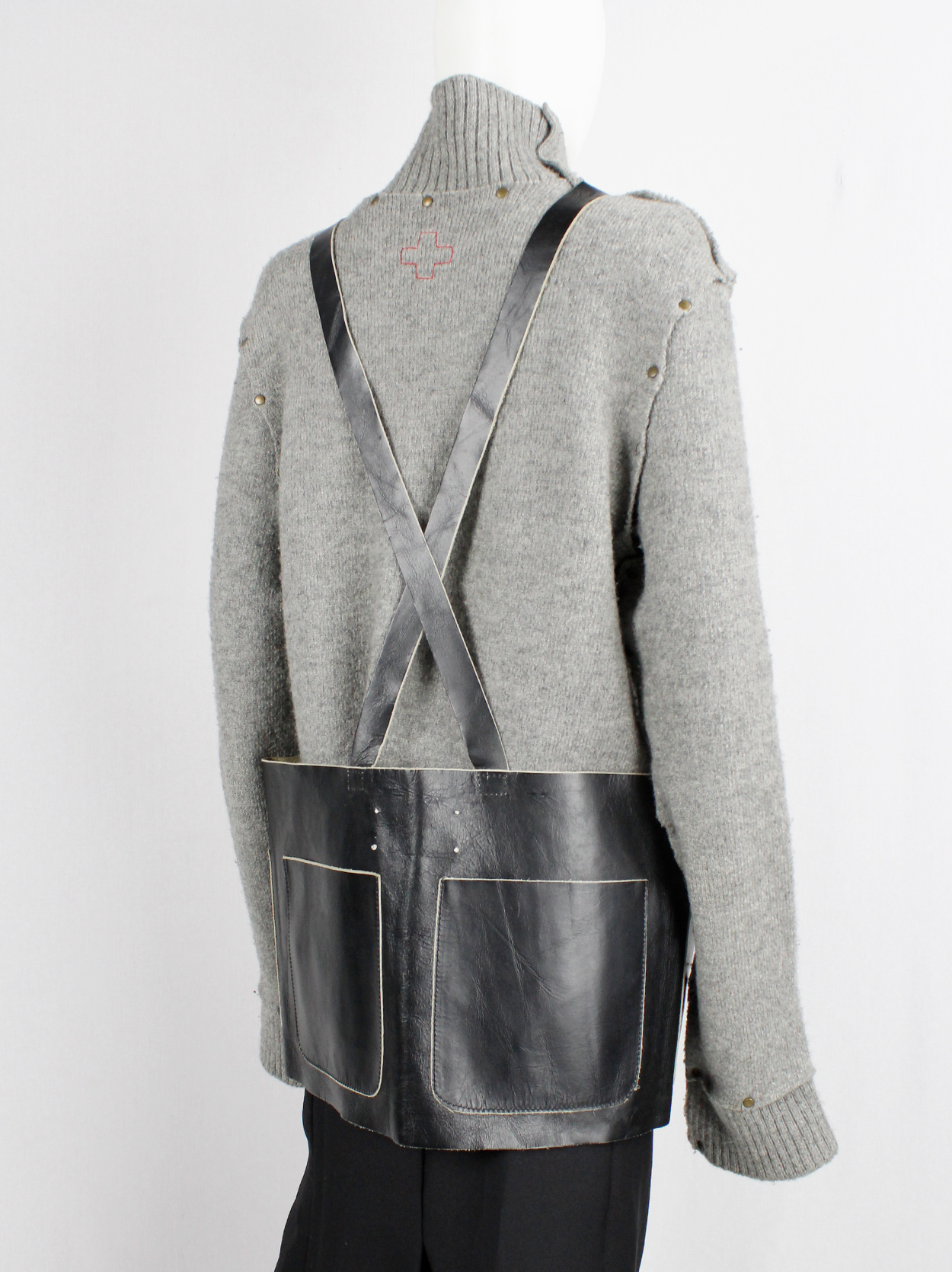 Maison Martin Margiela black leather apron with four pockets and