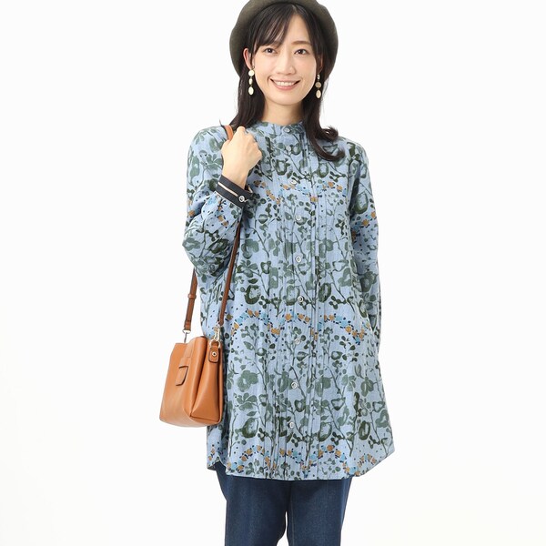コットンシャーリング リーフフラワープリントチュニックブラウス