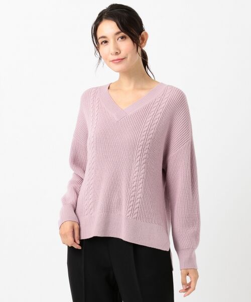 セール】 【洗える】ミドルゲージVネック ケーブルニット （ニット