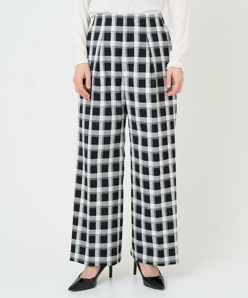 セール】 [日本製]ブロックチェックハイウエストタックワイドパンツ