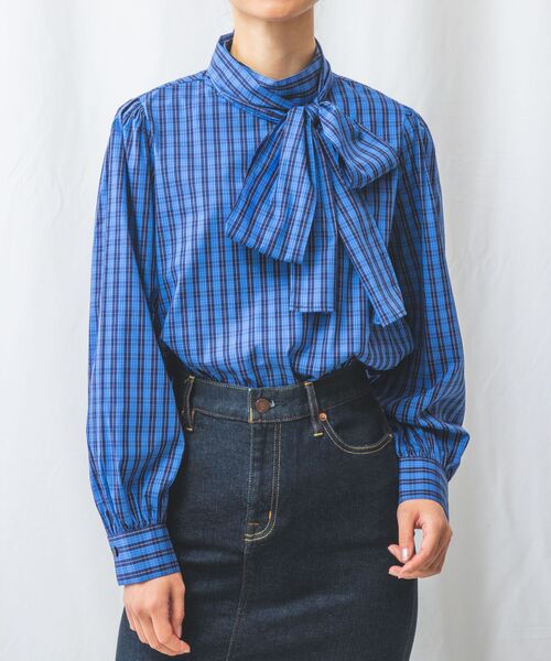 セール】 ストレッチチェックボウタイ付きブラウス （シャツ・ブラウス