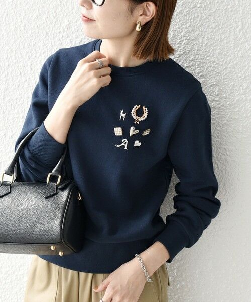 セール】 SHIPS any:〈手洗い可能〉裏起毛 ビジュー クルーネック