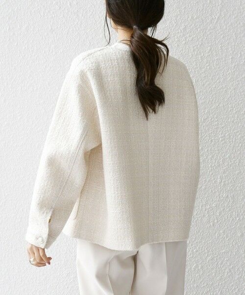 セール】 SHIPS any:ノーカラー ツイード ジャケット［NAVY BLUE