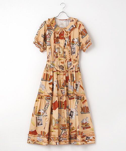 セール】 書斎の猫たちプリントワンピース （ロング・マキシ丈