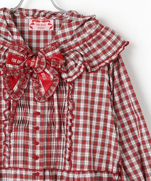 PINK HOUSE×misako&erinko】リボンブローチ付きタータンチェックフード