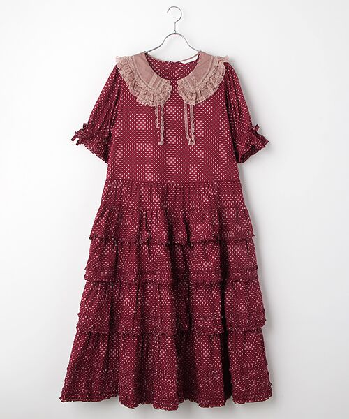 セール】 襟付き水玉プリントワンピース （ロング・マキシ丈ワンピース