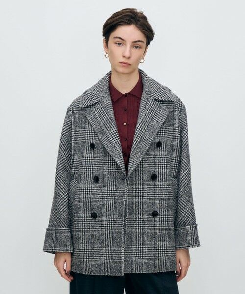 ウールカシミヤグレンチェック ダブルブレストコート （ピーコート