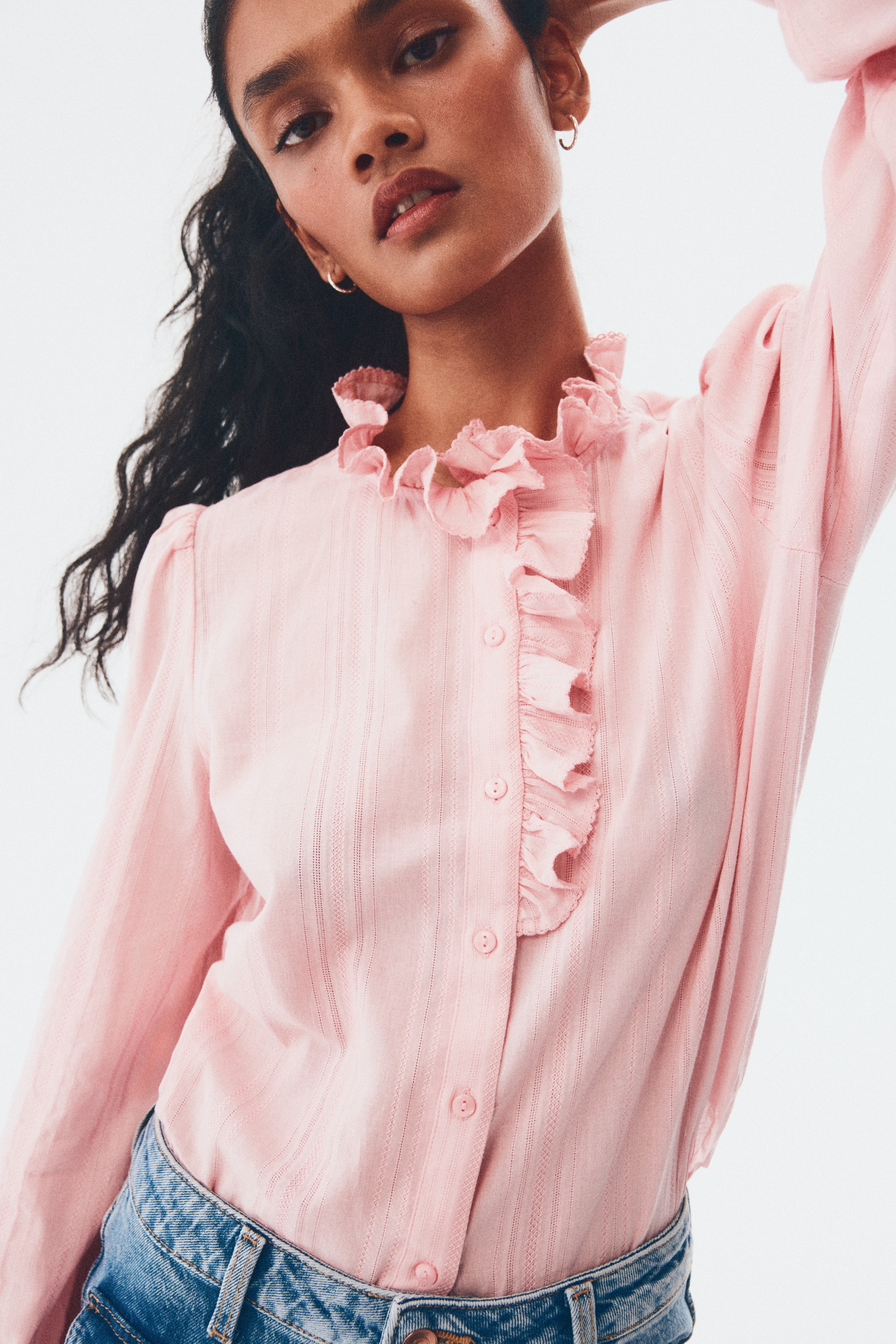 Women's Light pink Ruffle-Collar Cotton Blouse | H&M CA