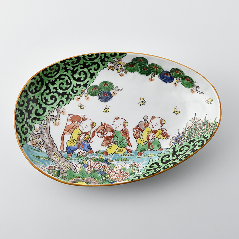 陶房義窯】色絵 三人唐子絵 舟形 変形皿 | 三川内焼オンライン・ショップ