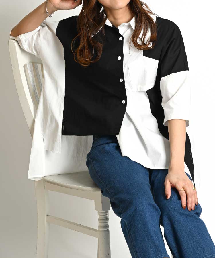 シャツ ブラウス レディース メンズ モダンなデザイン。五分袖変形