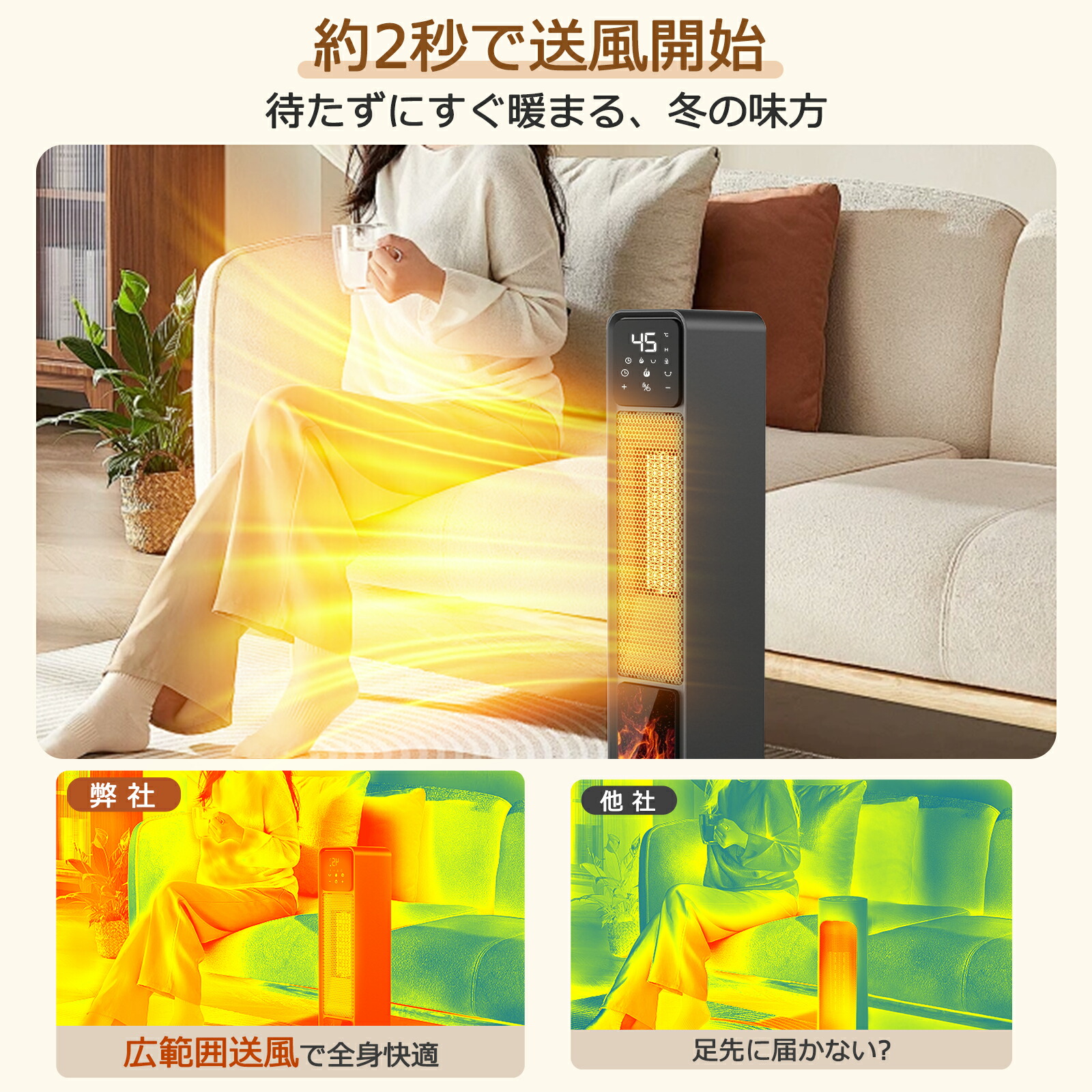 楽天市場】セラミックヒーター 速暖 大風量 省エネ 左右首振り 静音