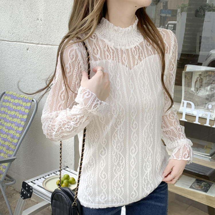 ハイネック 長袖 レース ブラウス | レディースファッション,トップス