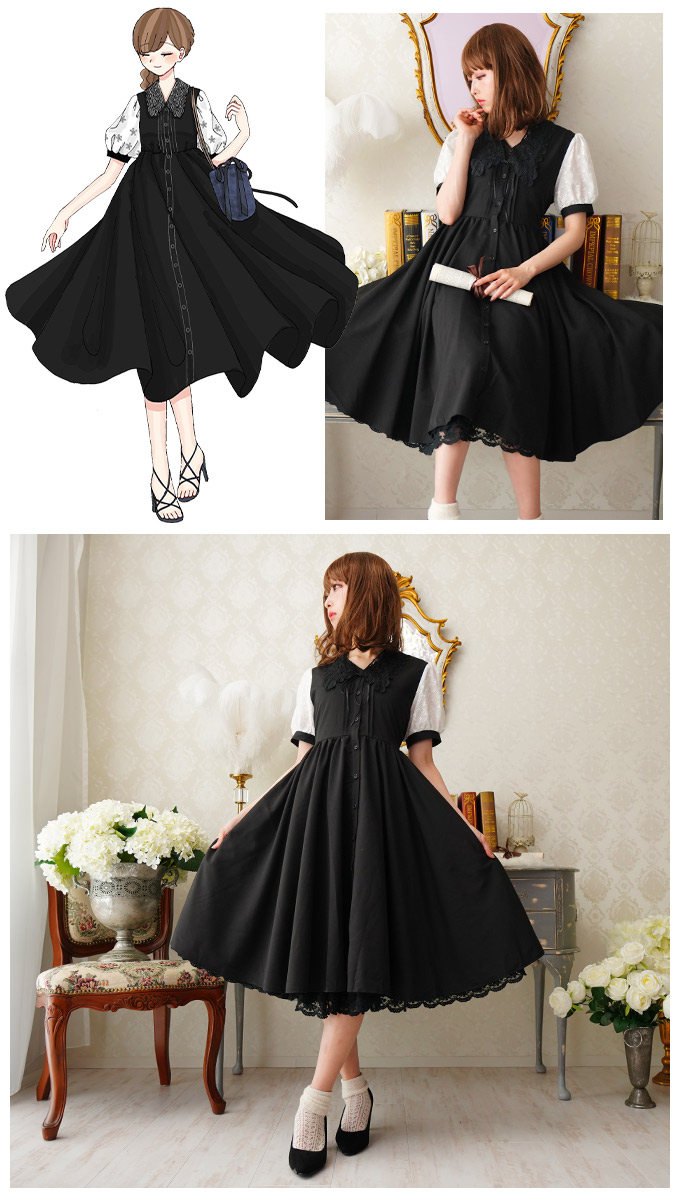 ワンピース 半袖 春夏 ミディアム丈 レース襟 清楚 黒＊ Favorite