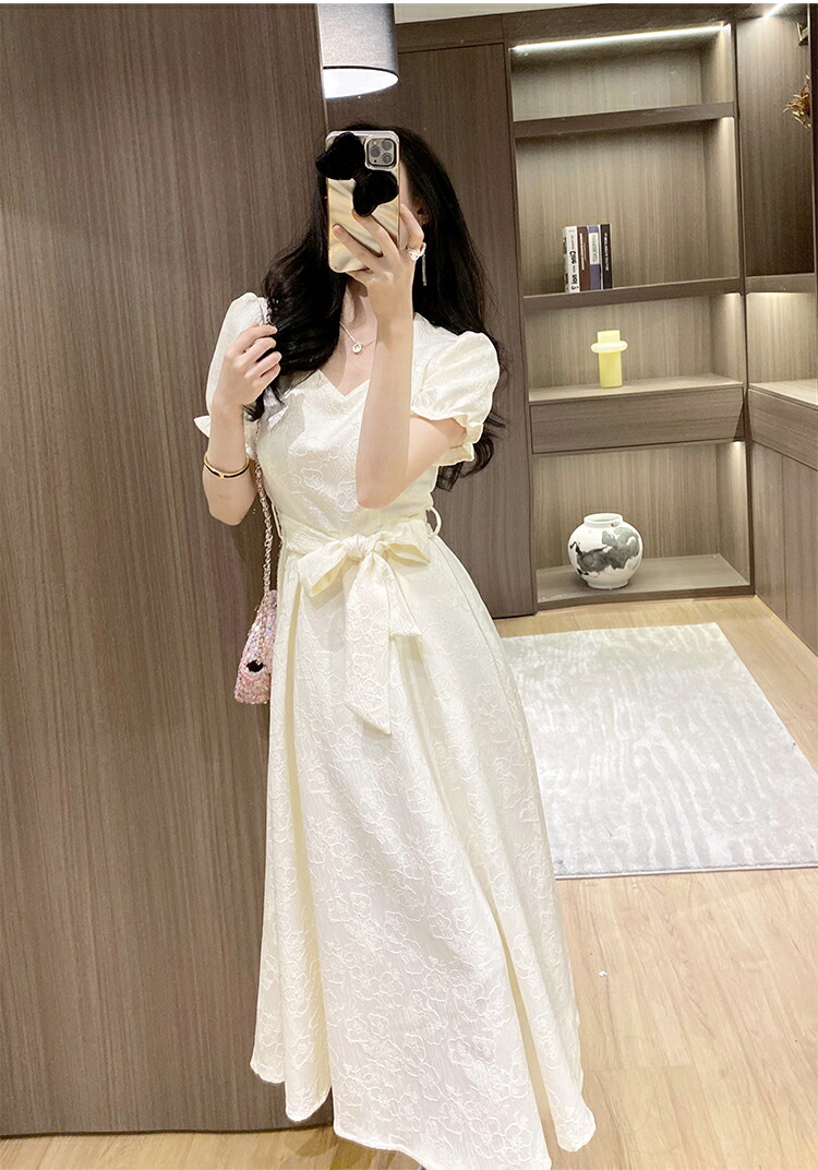 楽天市場】パフ袖 ワンピース ウェストリボンが可愛い ミディアム