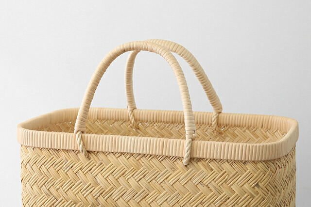 スズ竹市場かご(岩手県鳥越竹細工/籐ハンドル/中サイズ/レザー底あて