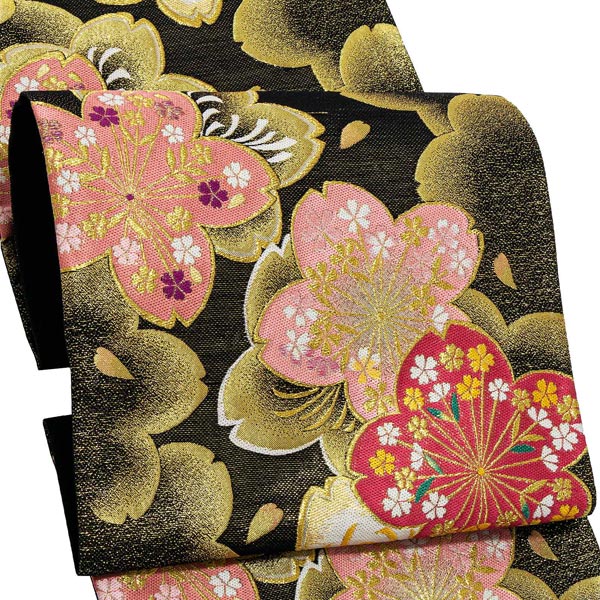 Prices down4】振袖 帯 「黒地 薄紅桜」 日本製 西陣織 証紙番号2409