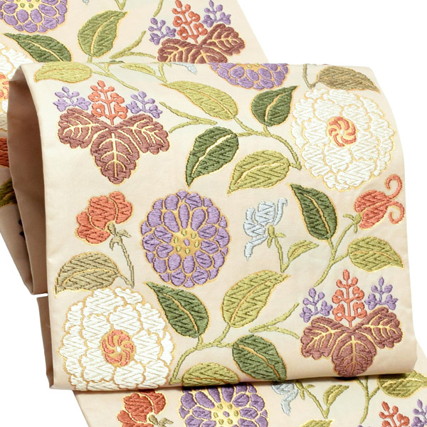 Prices down2】唐織袋帯 「生成り色地 菊唐草」 錦工芸謹製 六通柄