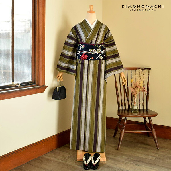 三河木綿 洗える着物 単品「鳶色、抹茶色、白 縞」お仕立て上がり 木綿