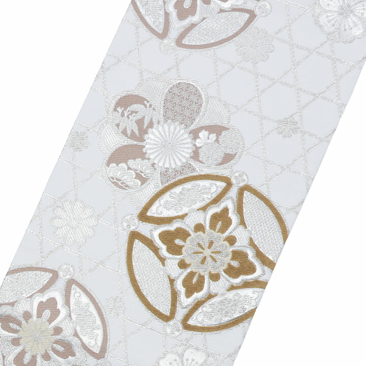 振袖 袋帯 単品「白地、銀×茶 籠目に七宝、花紋」日本製 お仕立て