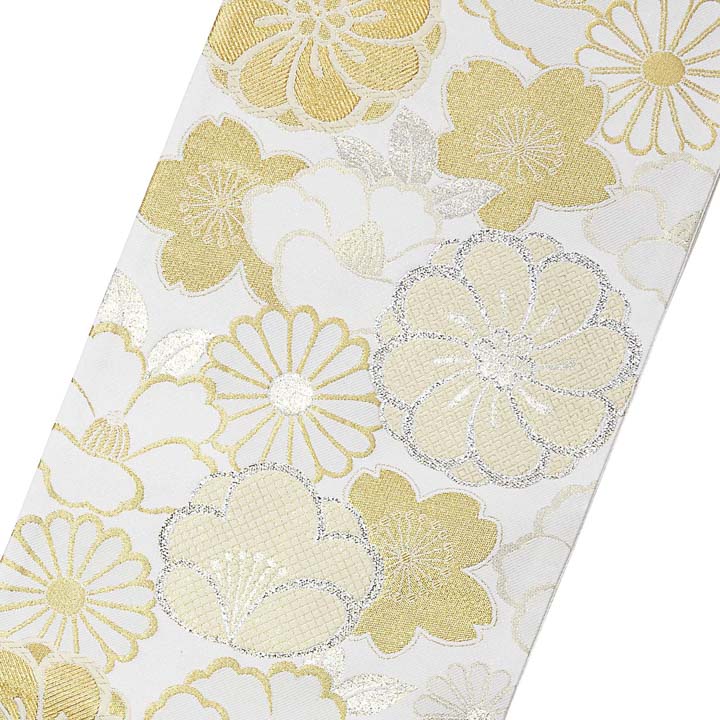 振袖 袋帯 単品「白地、金銀 四季花紋」日本製 お仕立て上がり 振袖用