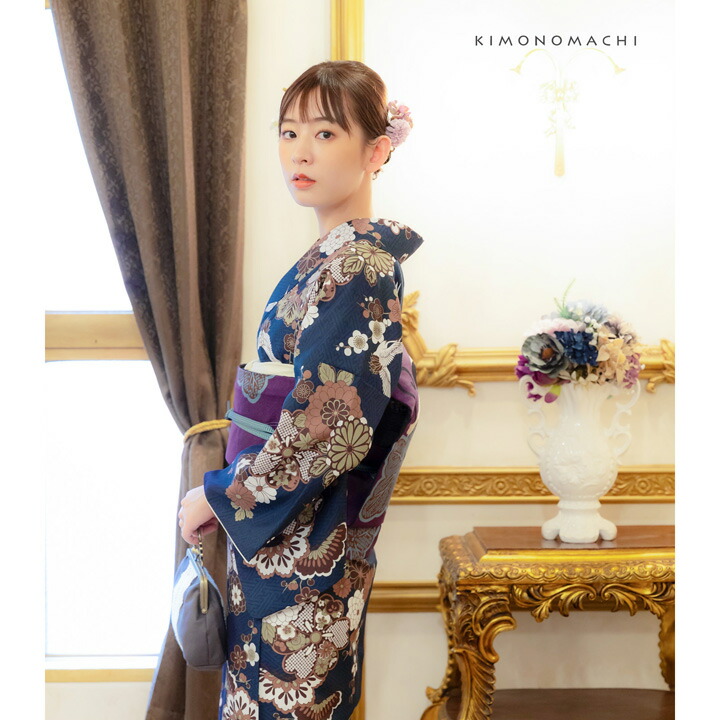 洗える着物 セット「袷着物：鶴と花紋に紗綾形紺色＋京袋帯：狆