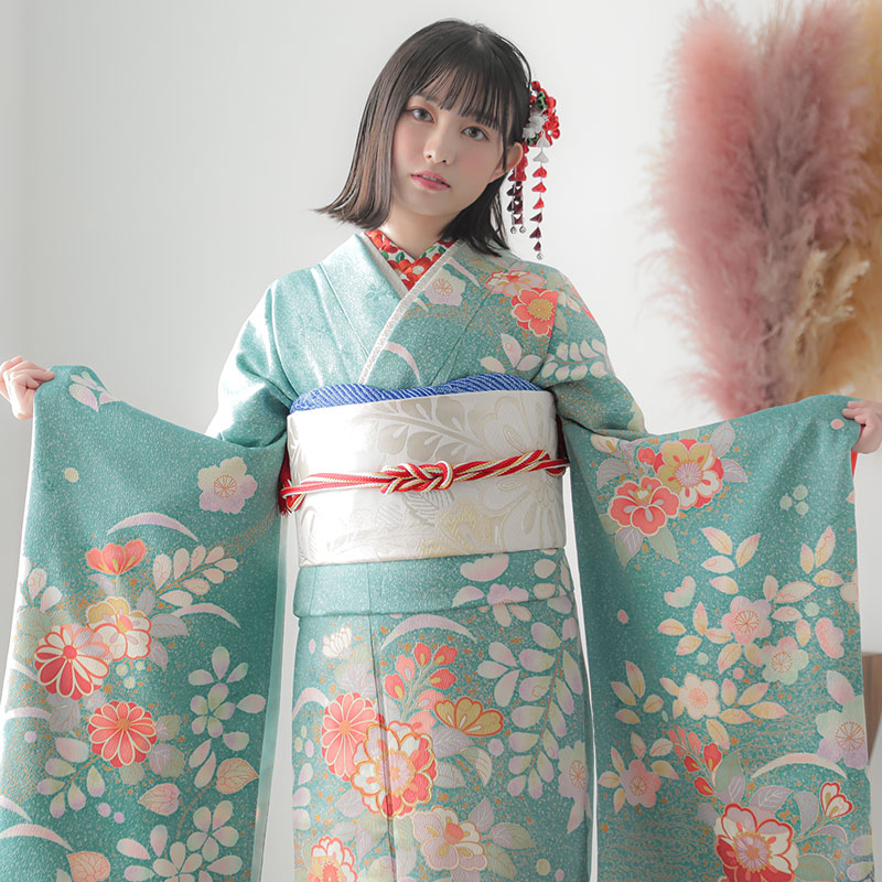 楽天市場】【成人式 振袖 レンタル】RS1178 正絹 青緑 椿に菊梅文様