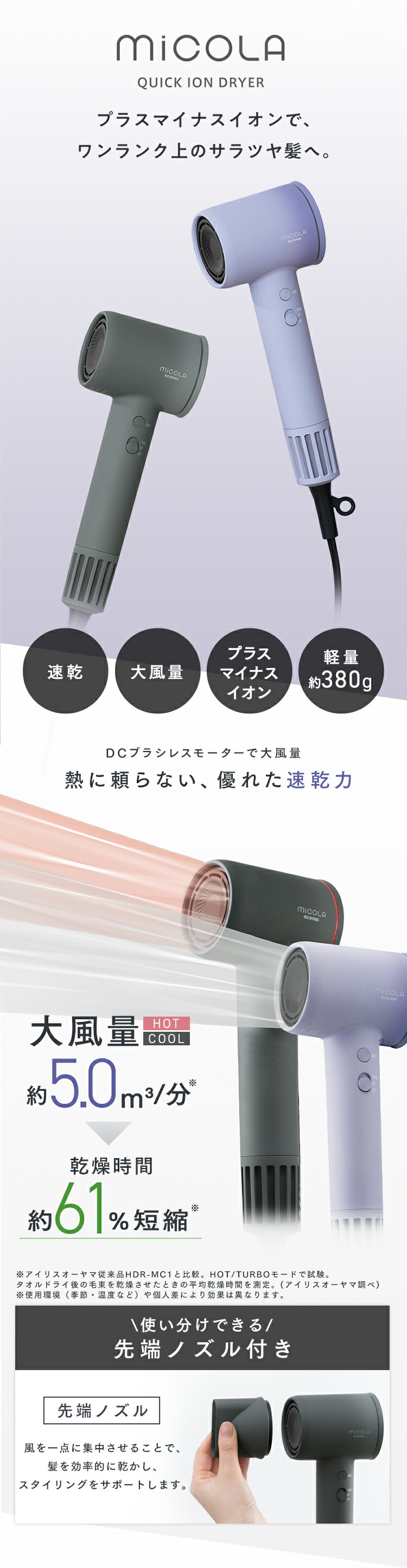 楽天市場】＼2種ノズルでより快適／ ドライヤー MiCOLA クイックイオン