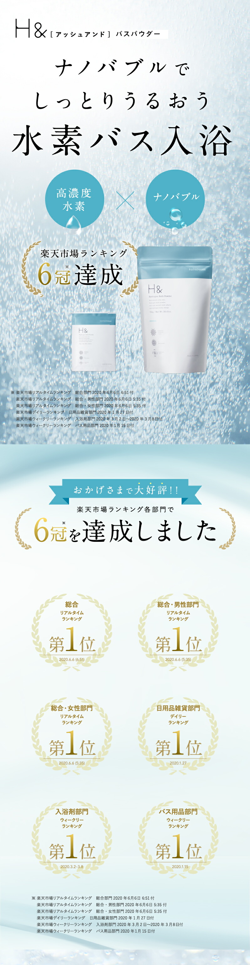 楽天市場】入浴剤 水素入浴剤【30回分】 H＆ アッシュアンド 750g 1個