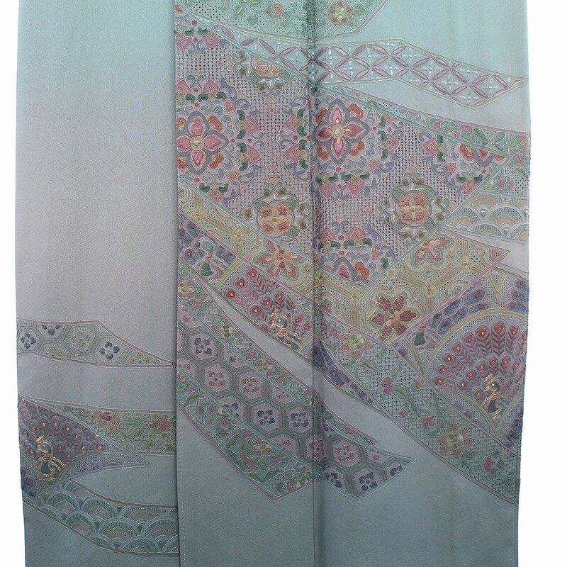 中古】 色留袖 3ツ紋 レディース 正絹 グレー 水色 紫 刺繍 身丈156cm