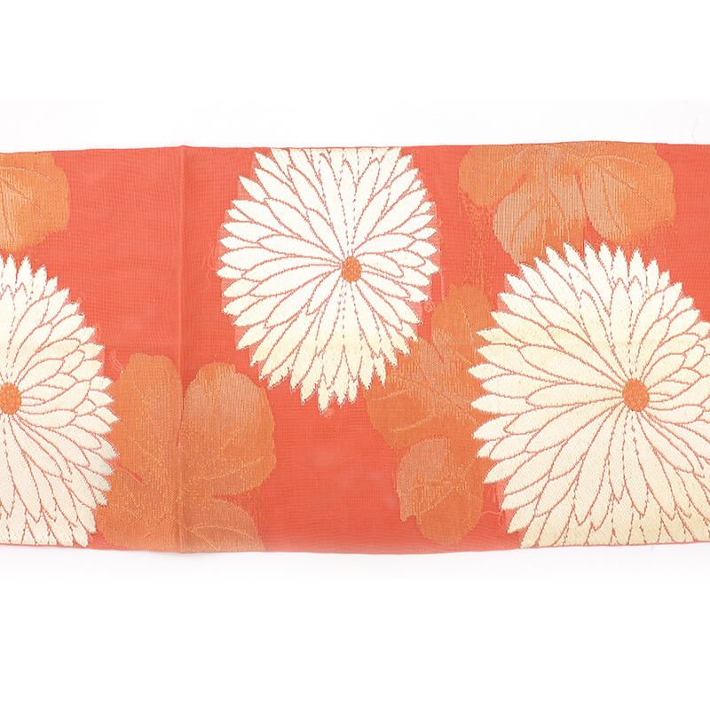 中古】 夏袋帯 夏用 袋帯 正絹 六通柄 オレンジ 菊 長さ424cm 幅30cm