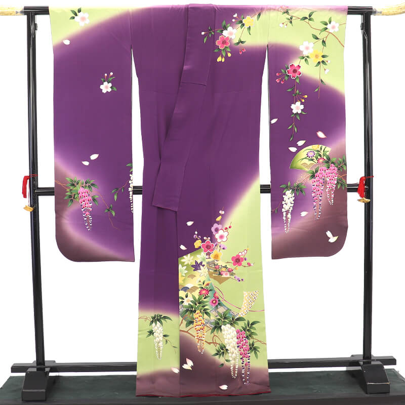 中古】 振袖 長襦袢付き 2点セット 成人式 振り袖 正絹 紫 藤 簾 地紙