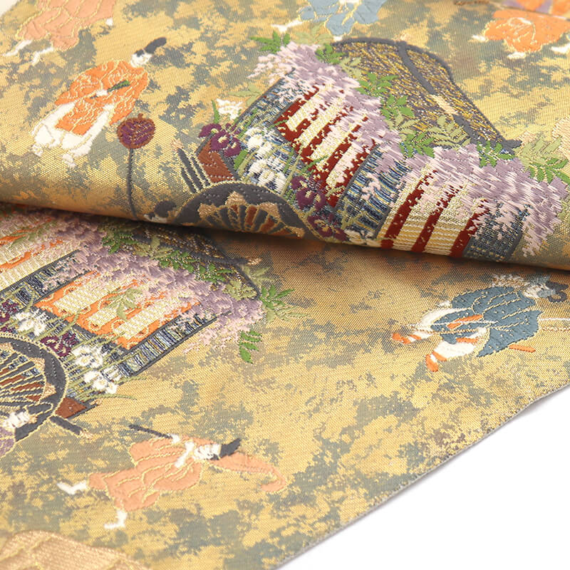 中古】 袋帯 フォーマル 正絹 六通柄 金 平安絵巻 時代柄 長さ429cm 幅