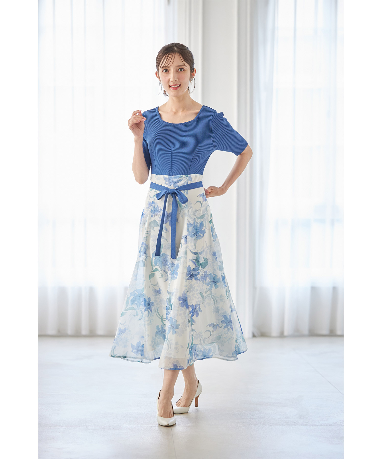 ウエストりぼん付きリブニット×フラワープリントドッキングワンピース