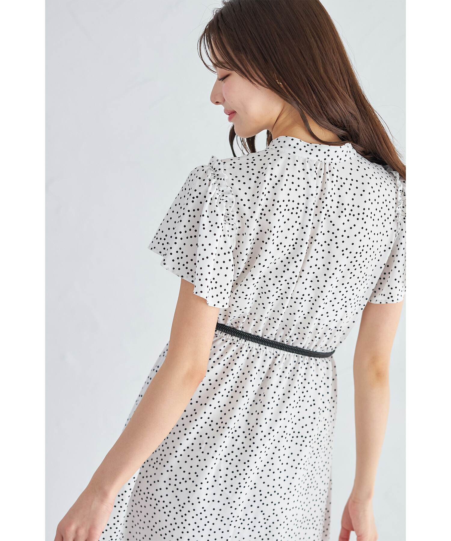 パールビジューベルト付きドットワンピース